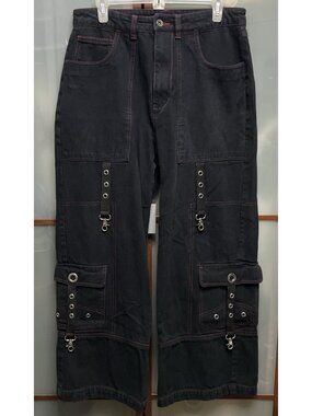 Hot Topic Vintage Y2K Size 32 Black & Red Tripp Cargo Baggy Wide Pants Goth Rave